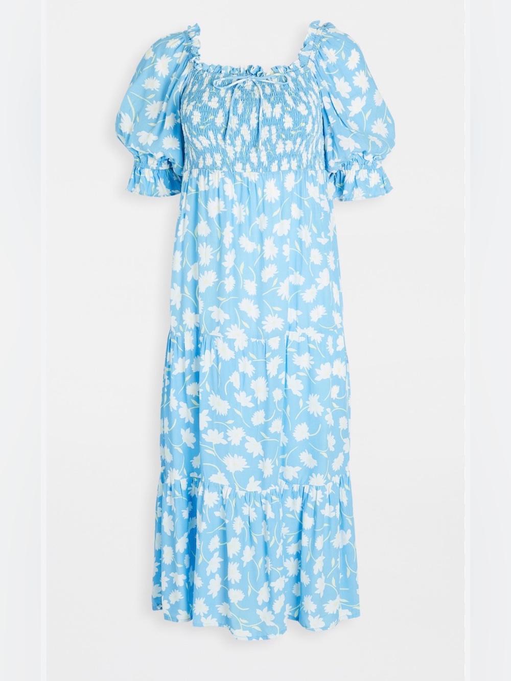 Faithfull The Brand Leyla Smocked Midi Dress Blue Floral Puff Sleeve Size S - Picture 2 of 16